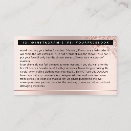 Nazorginstructies Lash Roos Gold Drips Vonk Visitekaartje (Achterkant)