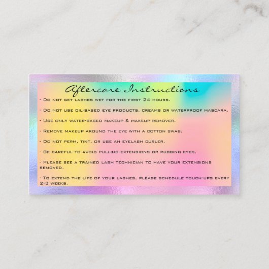 Nazorginstructies Lash Roos Holograaf Regenboog Visitekaartje (Achterkant)