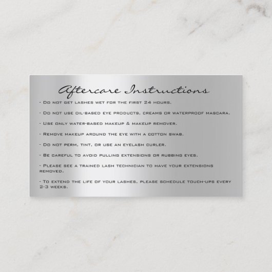 Nazorginstructies Lash Silver Holografen Visitekaartje (Achterkant)