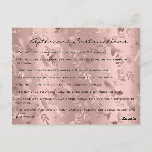 Nazorginstructies Lashes Extension Roos Birds Briefkaart (Achterkant)