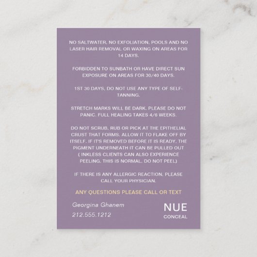 Nazorginstructies Logo vrouwen Lichaam Paarse Visitekaartje (Achterkant)