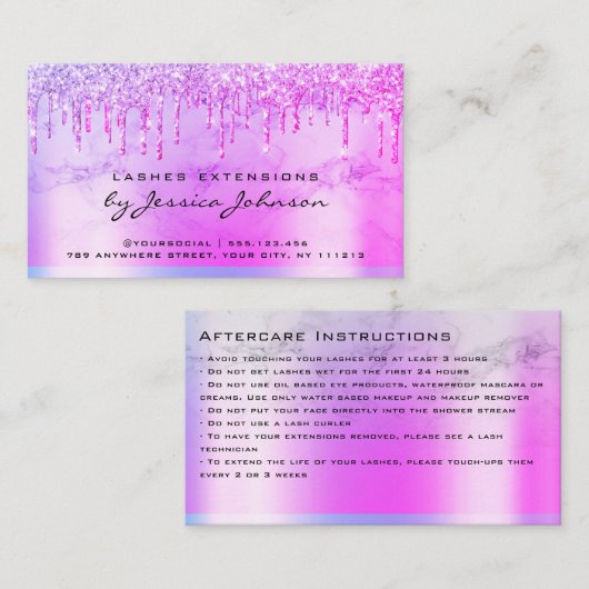 Nazorginstructies Paarse Glossy Glitter Druppels Visitekaartje (Voorkant / Achterkant)