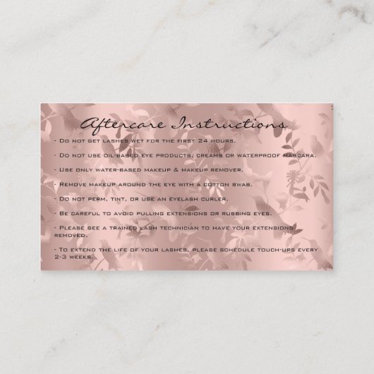 Nazorginstructies Uitslag Roos Gold Eyelashes Visitekaartje (Achterkant)