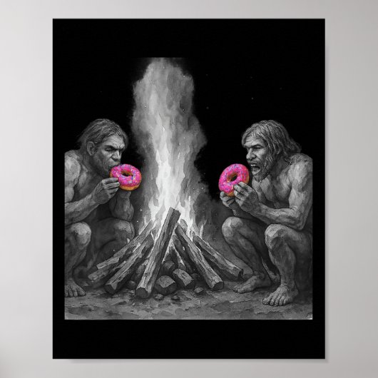 Neanderthalers eten donuts bij het grappige vuur poster (Voorkant)