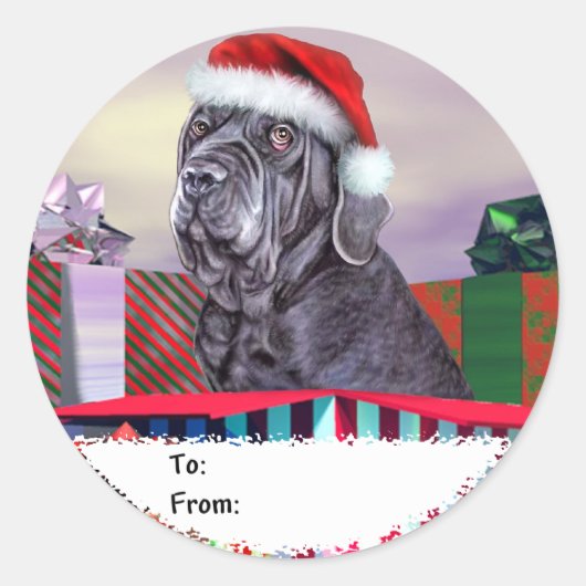 Neapolitan Mastiff-Labels met kerstblauwe cadeaus Ronde Sticker (Voorkant)