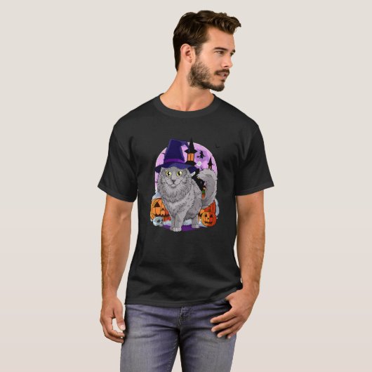 Nebelung Cat Cute Halloween Witch Pumpkin T-shirt (Voorkant volledig)