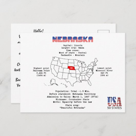 Nebraska Amerikaanse staat op een kaart en nuttige (Voorkant / Achterkant)