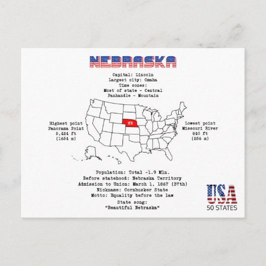 Nebraska Amerikaanse staat op een kaart en nuttige (Voorkant)