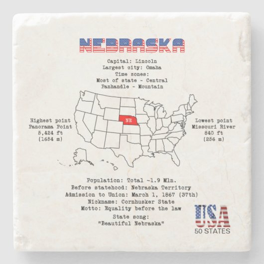 Nebraska Amerikaanse staat op een kaart en nuttige Stenen Onderzetter (Voorkant)
