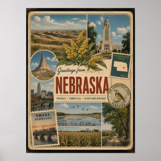 Nebraska Authentieke Vintage Stijl Poster (Voorkant)