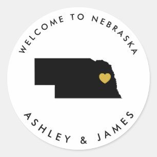 Nebraska Bruiloft Welkom Sticker Label, Goud & Zwa
