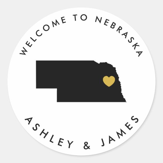 Nebraska Bruiloft Welkom Sticker Label, Goud & Zwa (Voorkant)