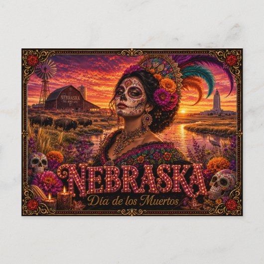 Nebraska Día de los Muertos Retro Briefkaart (Voorkant)