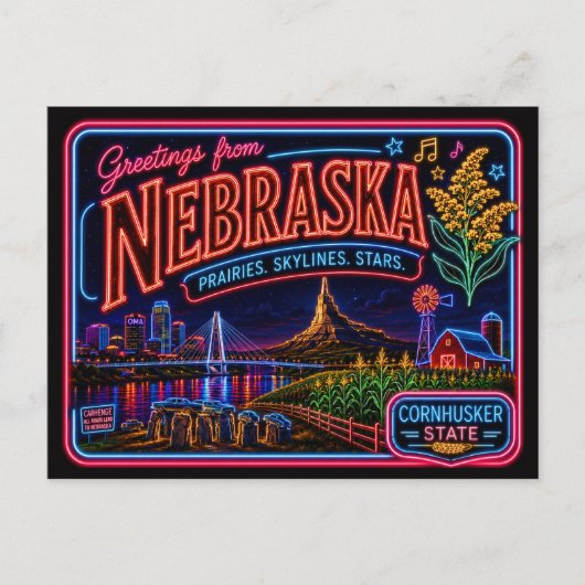Nebraska Neon Staat Retro Vintage Briefkaart (Voorkant)