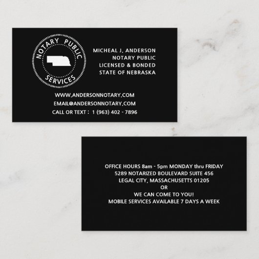 Nebraska Notary Public Services Visitekaartje (Voorkant / Achterkant)