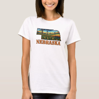 Nebraska Tattoo Stijl Omtrek met Maisvelden T-shirt
