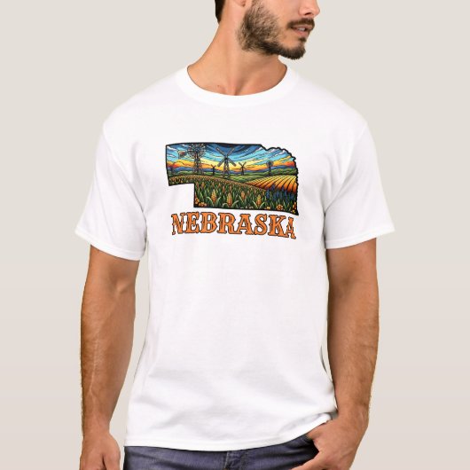 Nebraska Tattoo Style Outline with Cornfields T-shirt (Voorkant)
