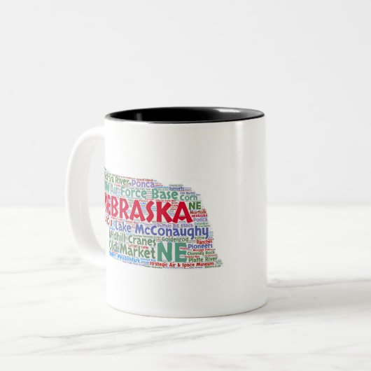 Nebraska Word Cloud Tweekleurige Koffiemok (Voorkant links)