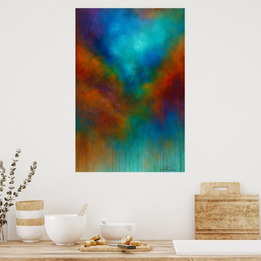 Nebula Cascade - Cyan and Crimson Abstract Drip Poster (Keuken)