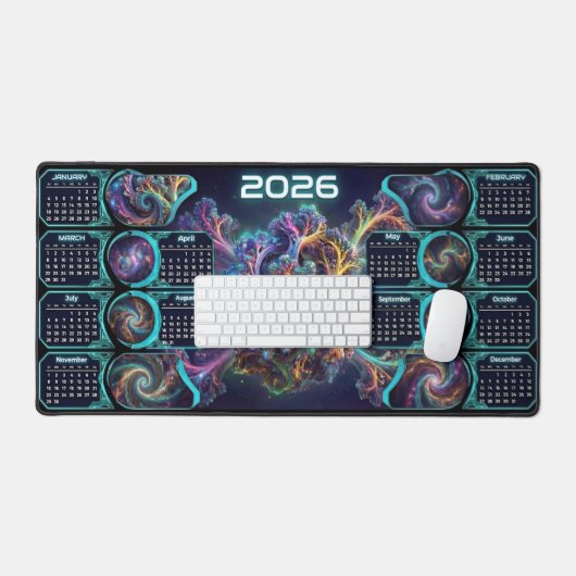 Nebula Nexus Command Mat – 2026 Galaxy Calendar (Keyboard & Muis)