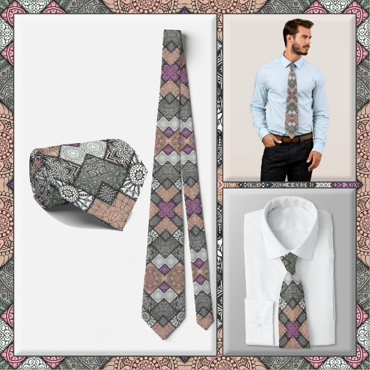 NECKTIE - Grijs-bruin-wit Mandala Design Stropdas