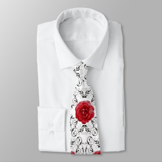Necktie - Red Roses Black Scrollwork Stropdas (Gebonden)