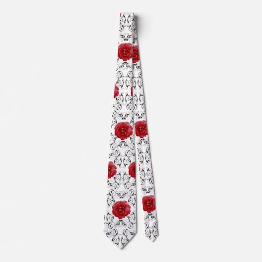 Necktie - Red Roses Black Scrollwork Stropdas (Voorkant)