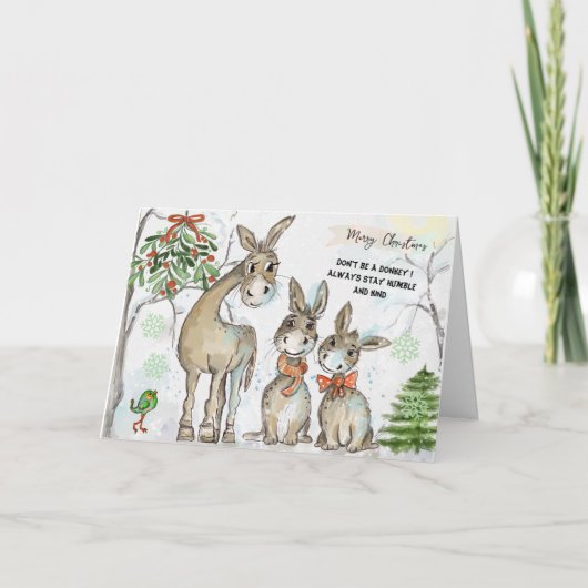 Nederige en vriendelijke ezel familie kerstkaart feestdagen kaart (Voorkant)