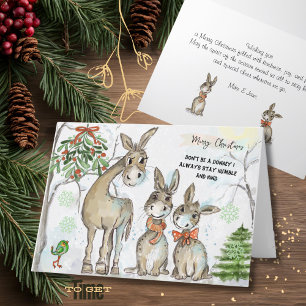 Nederige en vriendelijke ezel familie kerstkaart feestdagen kaart