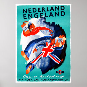 Nederland Engeland Vintage Travel Poster teruggeze