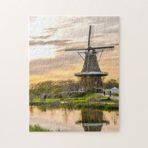 Nederland Holland Europe Wind Mills Lake Sunset Legpuzzel