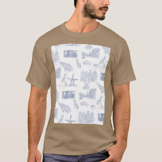 Nederland patroon "Toille de Jouy" in Delft Blue i T-shirt