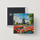 Nederland Windmolen & Tulpen Vierkante Button 5,1 Cm (Voorkant /achterkant)