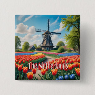 Nederland Windmolen & Tulpen Vierkante Button 5,1 Cm
