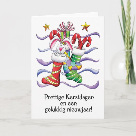 Nederlands - de Kous van Kerstmis met Konijn en Feestdagen Kaart (Voorkant)