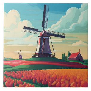 Nederlands Landschap Windmolen Tulpenveld Reis Tegeltje
