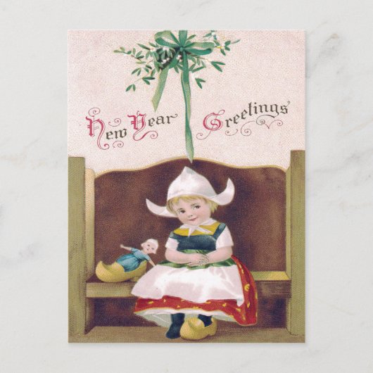 Nederlands Meisje Doll Mistletoe Clog Pew Briefkaart (Voorkant)