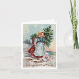 Nederlands meisje, kerstboom, hulst wenskaart feestdagen kaart
