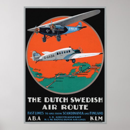 Nederlands Zweeds Air Route Vintage Poster 1930 (Voorkant)