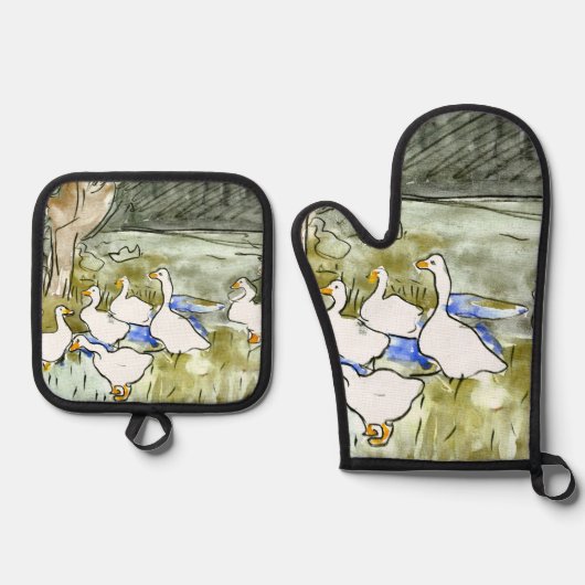 Nederlandse Art Nouveau Eenden en Ganzen Ovenwant & Pannenlap Set (Voorkant)