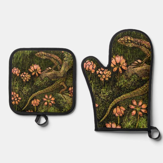 Nederlandse Art Nouveau Hagedis en Wildflowers Ovenwant & Pannenlap Set (Voorkant)