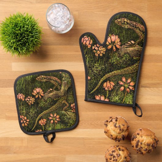 Nederlandse Art Nouveau Hagedis en Wildflowers Ovenwant & Pannenlap Set (Top down)