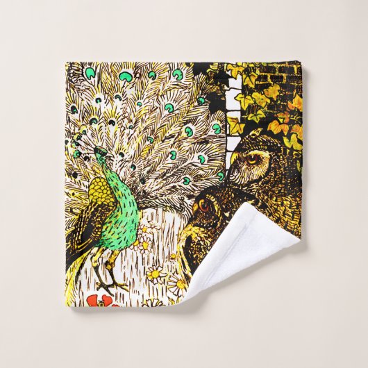 Nederlandse Art Nouveau Pauw en uilen Bad Handdoek (Wasdoekje)