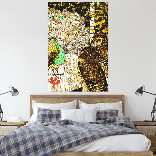 Nederlandse Art Nouveau Pauw en uilen Canvas Afdruk (Insitu (Slaapkamer))