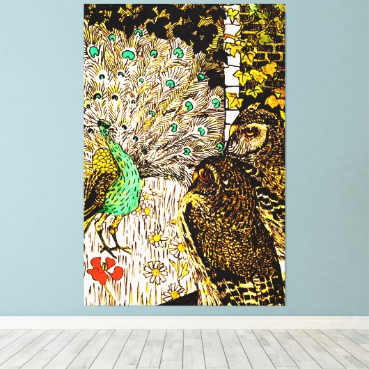 Nederlandse Art Nouveau Pauw en uilen Canvas Afdruk (Insitu (Houten vloer))