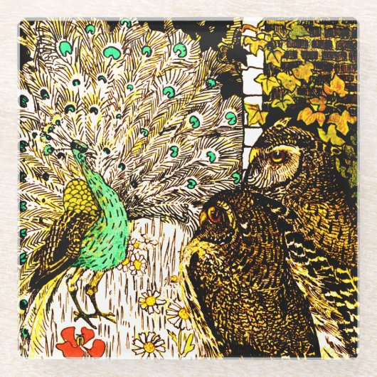 Nederlandse Art Nouveau Pauw en uilen Glazen Onderzetter (Voorkant)