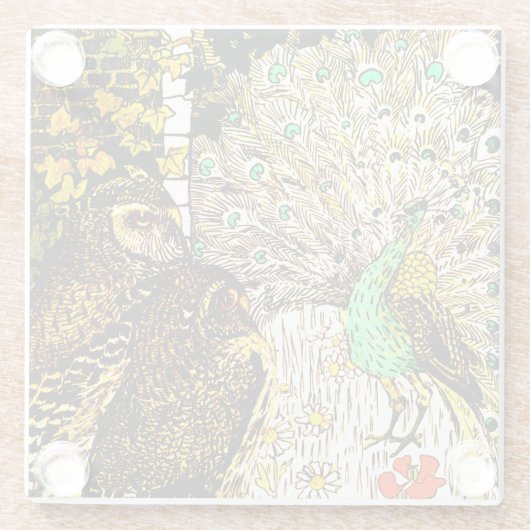 Nederlandse Art Nouveau Pauw en uilen Glazen Onderzetter (Achterkant)