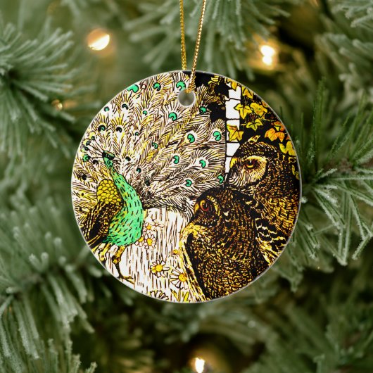 Nederlandse Art Nouveau Pauw en uilen Keramisch Ornament (Boom)