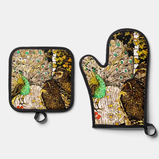 Nederlandse Art Nouveau Pauw en uilen Ovenwant & Pannenlap Set (Voorkant)