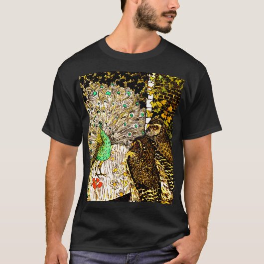 Nederlandse Art Nouveau Pauw en uilen T-shirt (Voorkant)